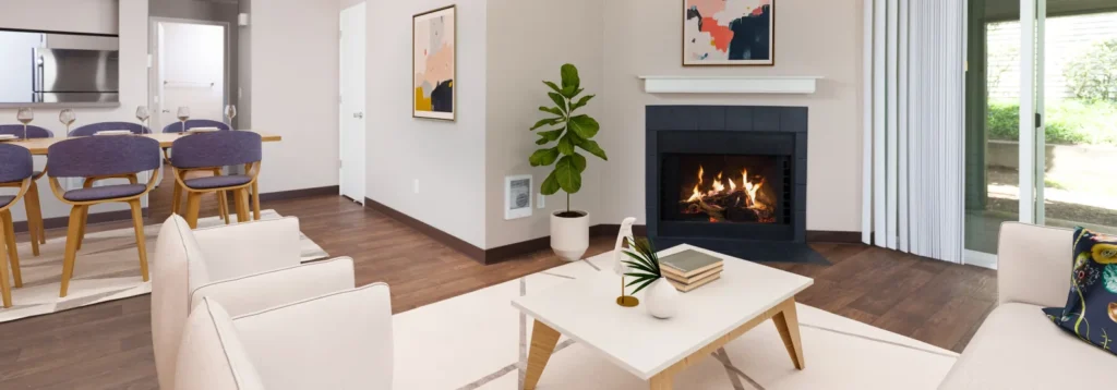 Living room with fireplace at Meadows at Cascade Park pet friendly apartments in Vancouver