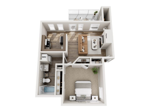3D floor plan of The Sage, a one-bedroom, one-bathroom apartment featuring a spacious bedroom, full bathroom, walk-in closet, open living room with fireplace, designated office space, washer and dryer, and a private balcony.