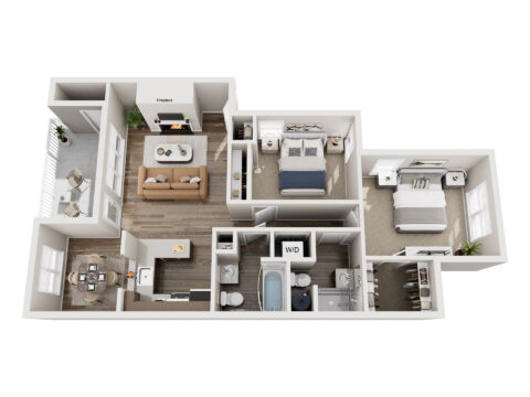 3D floor plan of The Maple, a two-bedroom, two full bathroom apartment with a walk-in closet, open living room with fireplace, a dining room, washer and dryer, and a private balcony.