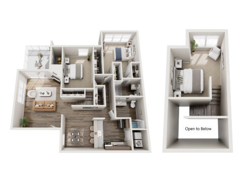 3D floor plan of The Juniper, a two-story, three-bedroom, two-bathroom townhome-style apartment. The lower level features an open-concept kitchen, dining, and living area with a fireplace, a private balcony, two bedrooms, a full bathroom, and in-unit laundry. A staircase leads to the upper level, which includes a third bedroom overlooking the living space below.