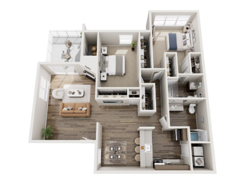 3D floor plan of The Willow, a two-bedroom, two-bathroom apartment with in-unit laundry and five closets. Features a kitchen with bar style seating next to a dining room. The entrance leads to an open concept living room with fireplace and private balcony.