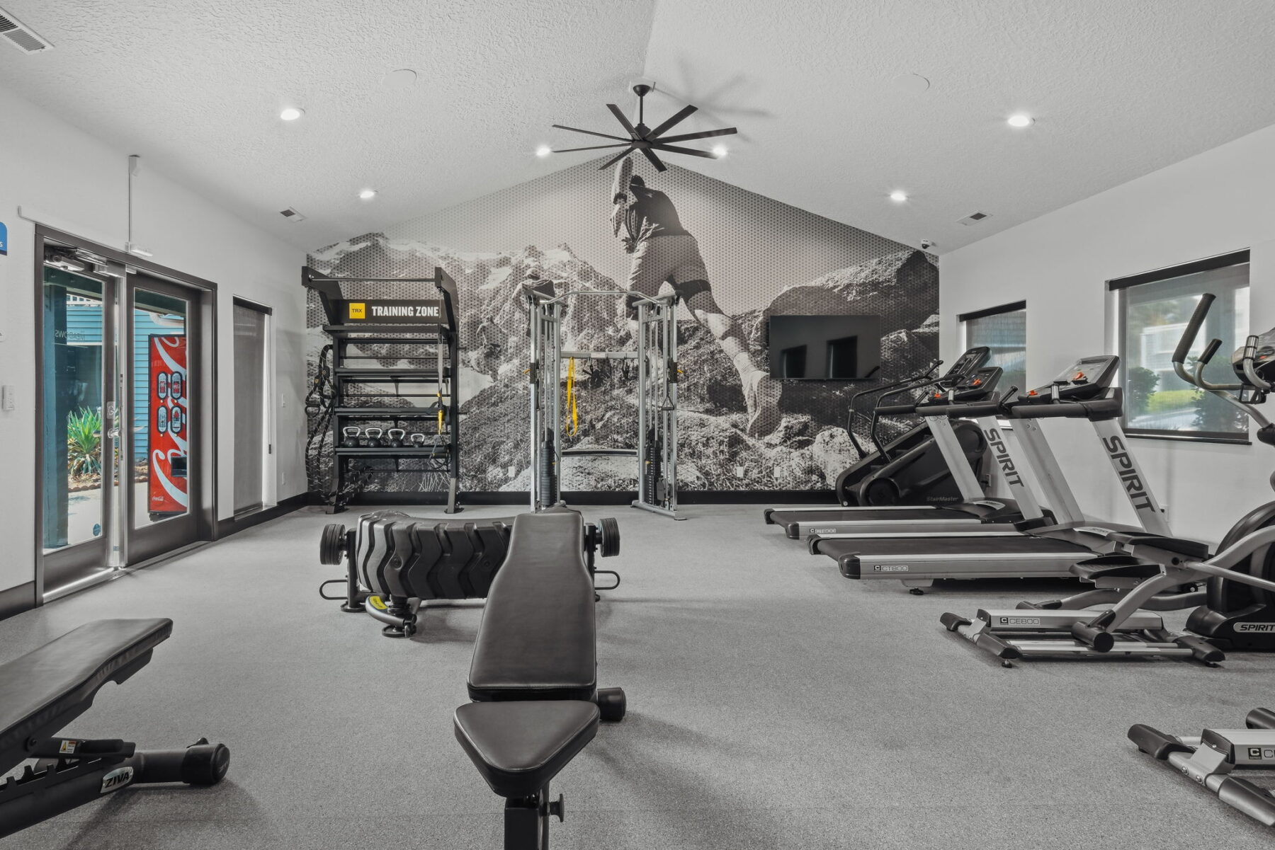Modern gym interior with treadmills, weight bench, and training equipment. A large wall mural shows a runner on a rocky terrain.