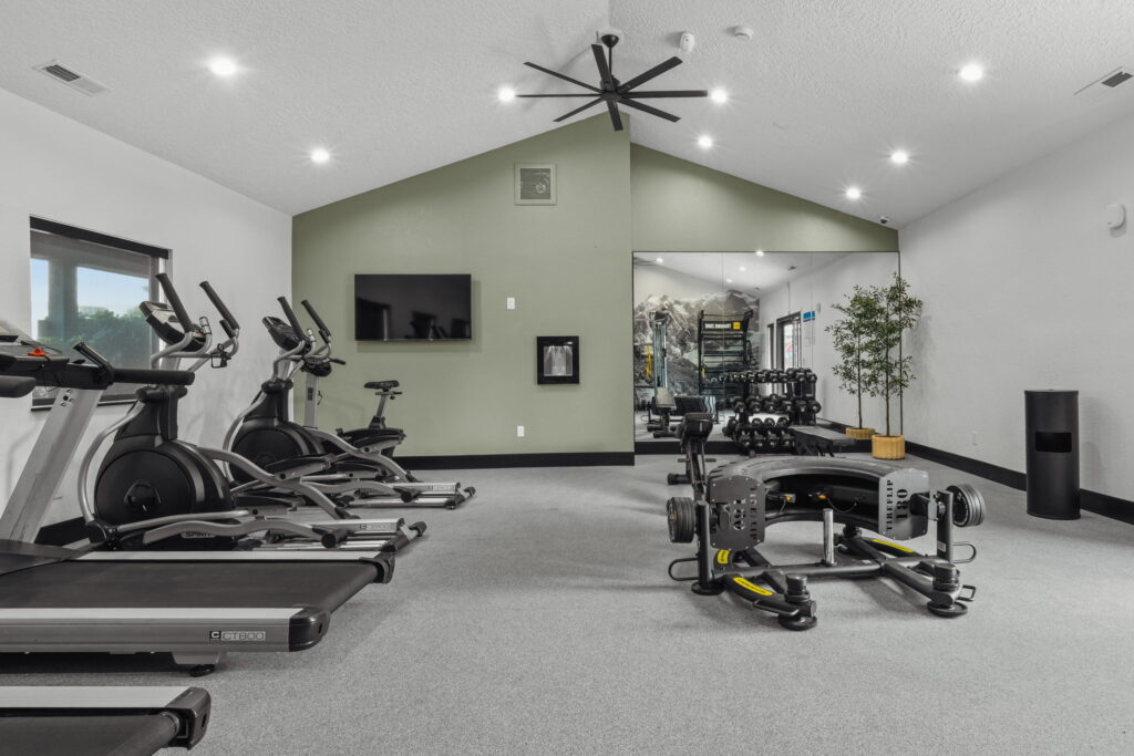 Modern gym interior with treadmills and exercise bikes on the left, facing a wall-mounted TV.
